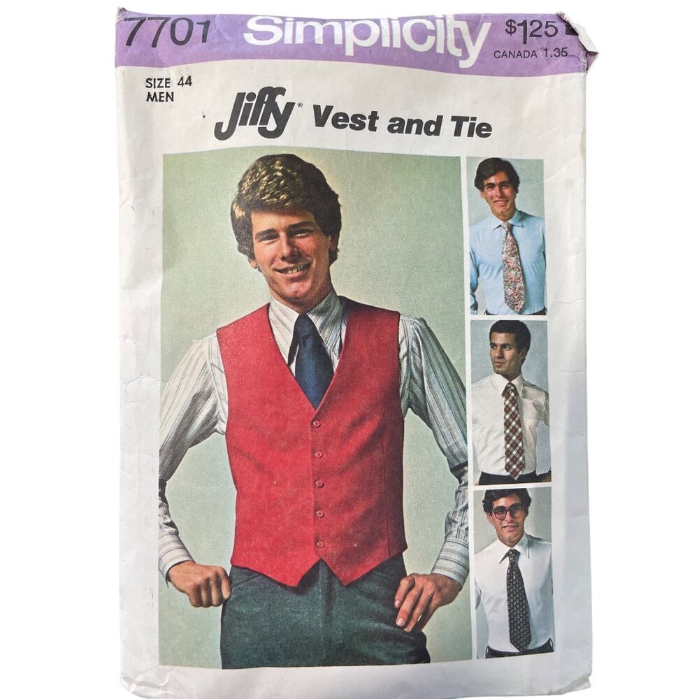 70s Simplicity 7701 Jiffy Mens Vest and Tie Pattern Size 44 Sewing Pattern CUT